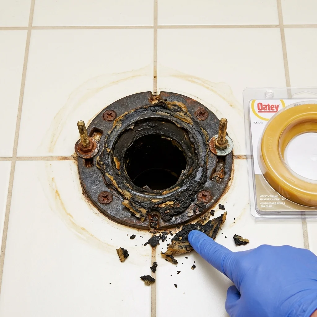 Failed wax ring showing water seepage at the base of a toilet in a Lawrenceburg, KY home