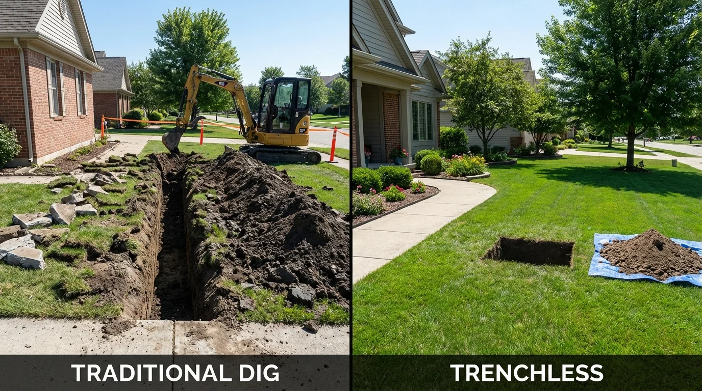 Trenchless sewer repair with minimal yard damage versus traditional excavation in Lawrenceburg, KY