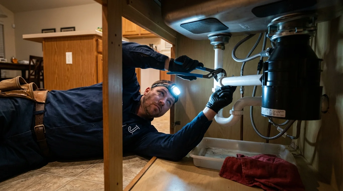 P-trap and supply line connections under a kitchen sink showing a common leak point in Lawrenceburg, KY